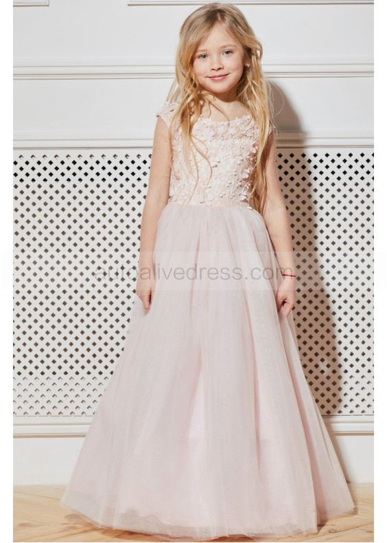 Blush Pink Lace Tulle Keyhole Corset Back Long Flower Girl Dress